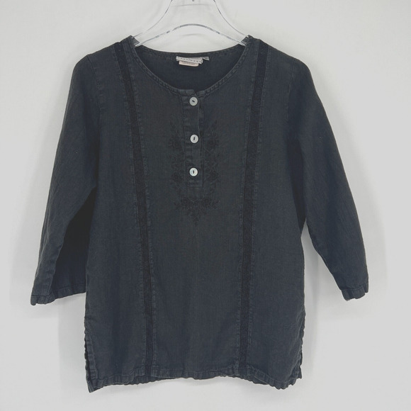 VTG Hot Cotton‎ Top Womens S Linen Embroidered Boho Floral Henley Cottagecore - Picture 1 of 6